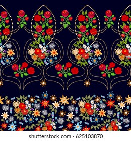 Colorful floral border inspired by folk art. Bohemian seamless pattern with roses and small flowers.