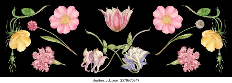 Colorful floral border with pink, yellow, and purple flowers. Delicate floral design with vibrant flowers and green leaves. Elegant floral arrangement on black. Vintage illustrations, isolated vectors