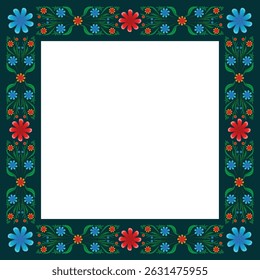 Colorful floral border with red, blue flowers and green leaves on dark background, blank white center for photo, text or design. Ideal for cards, posters or digital templates. Elegant Floral Border