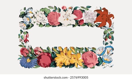 Colorful floral border with roses, lilies, and daisies. Vibrant flowers frame the image. Floral design with roses, lilies, daisies. Decorative floral border. Vintage illustration isolated, vector.