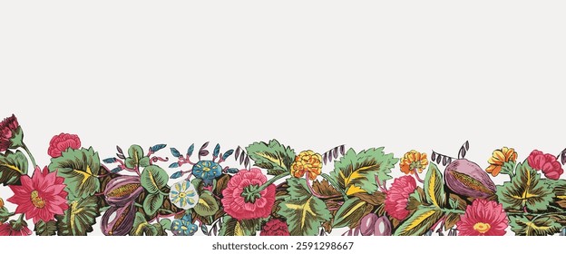 Colorful floral border with vibrant flowers and lush leaves. Flowers and leaves create a lively, decorative floral design. Perfect for floral-themed projects. Vintage botanical illustration vector.