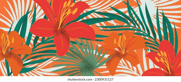 Colorful floral and botanical background vector. Abstract wallpaper of flowers, branches, lily with contoured texture. Exotic plants in summer tone for banner, prints, decor, wall art.