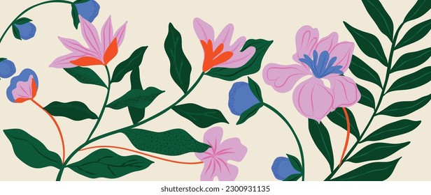 Colorful floral and botanical background vector. Abstract wallpaper of flower, leaf, branches with grunge texture. Exotic plants in summer tone for banner, prints, decor, wall art.