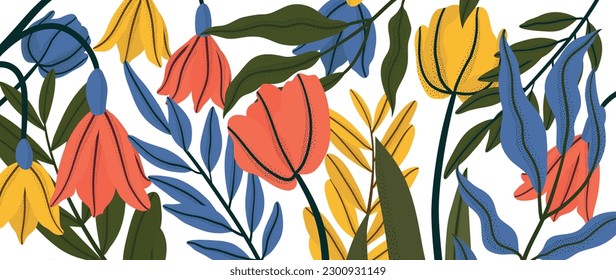 Colorful floral and botanical background vector. Abstract wallpaper of flowers, branches, wildflowers with contoured texture. Exotic plants in summer tone for banner, prints, decor, wall art.
