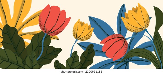 Colorful floral and botanical background vector. Abstract wallpaper of flowers, branches, tulip with contoured texture. Exotic plants in summer tone for banner, prints, decor, wall art.