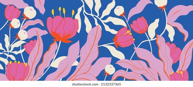 Colorful floral and botanical on blue background. Abstract wallpaper of wild flower, branches, tulip and leaves in pink color. Exotic plants in summer tone for banner, prints, decor, wall art.