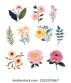 Colorful floral bouquet collection with watercolor