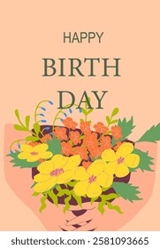 Colorful floral bouquet with happy birthday message.