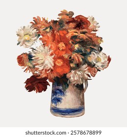 Colorful floral bouquet in a vase, featuring vibrant orange, red, and white flowers. Artistic floral arrangement with a mix of orange and white blooms. Vintage flower illustration isolated, vector.