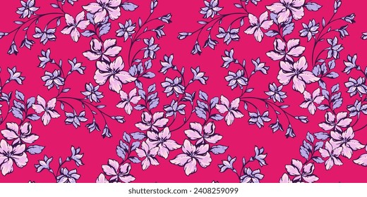 Las ramas florales coloridas son un patrón sin fisuras. Un prado estilizado floreciente sobre un fondo rojo. Dibujado a mano por el vector. Flores y brotes artísticos y silvestres, hojas imprimiendo. Diseño de moda, tela, textil
