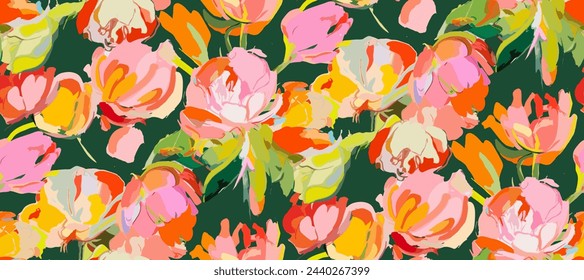 Colorful floral brush mark floral seamless pattern