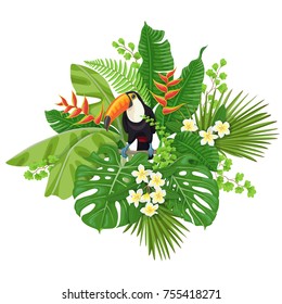 Colorful  floral bunch with green leaves and flowers of tropical plants  and  bird isolated on white.  Toucan sitting on liana branch. Vector flat illustration.