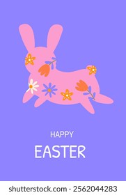 Colorful floral bunny on purple background for easter celebration. Easter card modern design.