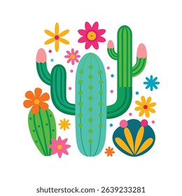 Colorful floral cactus arrangement illustration with decorative elements