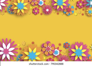 Colorful Floral Card. Paper cut Flowers Composition. Origami Daisy Rose flower. Text. Spring Peony blossom. Seasonal holiday on yellow. Modern paper decoration.