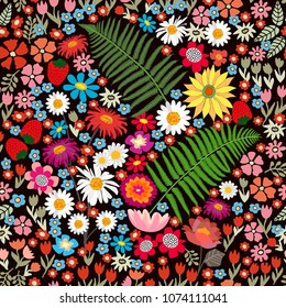 	
Colorful floral carpet. Seamless vector pattern with different floral elements. Chrysanthemums, asters, chamomiles, ferns, wildflowers on brown background.  Vintage textile collection.