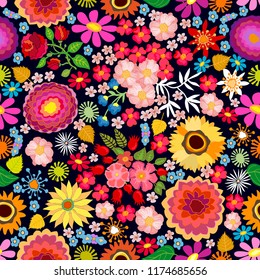 	
Colorful floral carpet. Seamless vector pattern with different floral elements. Chrysanthemums, asters, wildflowers on dark background. Japanese, Chinese, Korean motifs. Vintage textile collection.