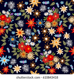 Colorful floral carpet. Seamless vector pattern with different wildflowers.