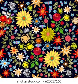 Colorful floral carpet. Seamless vector pattern with different wildflowers, sunflowers and roses.