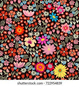 Colorful floral carpet. Seamless vector pattern with different floral elements. Chrysanthemums, asters, wildflowers on brown background. Japanese, Chinese, Korean motifs. Vintage textile collection.
