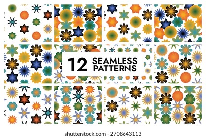 Padrões florais e celestes coloridos que se repetem no fundo branco, oferecendo elementos de design brilhantes e versáteis para projetos criativos