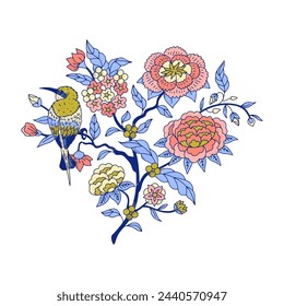 Colorful floral chinoiserie bird anf lowers motifs isolated on white background. Abstract hand drawn botanical print.