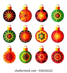 Colorful floral Christmas balls set isolated on white background. Design elements for greeting cards or flyers. Xmas illustration.