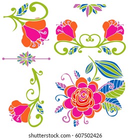 Colorful floral collection of design elements. Paradise fantasy flower isolated on white. Tropical doodle floral divider, border, frame. Vector illustration.