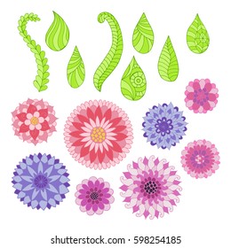 Colorful floral collection with flowers and leaves. Elegant hand drawn set for different compositions. Spring design for wedding, invitation or greeting cards.