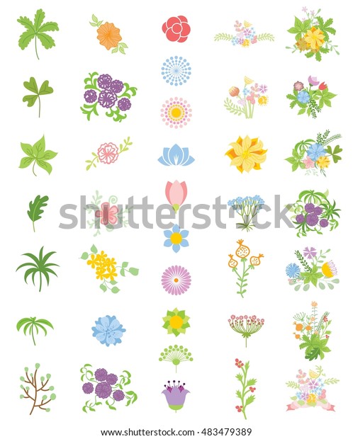 Colorful Floral Collection Flowers Leaves Stock Vector (Royalty Free ...