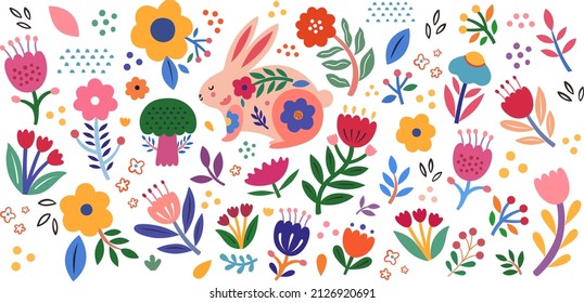 Colorful floral collection.. Happy easter greeting card with decorative easter bunny