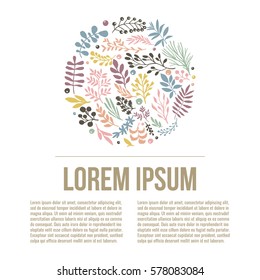 Colorful floral collection with leaves and branches. Spring or summer design for invitation, wedding or greeting cards. Circle element in vector.