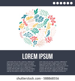 Colorful floral collection with leaves and branches. Spring or summer design for invitation, wedding or greeting cards. Circle element in vector with place for your text.