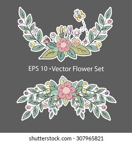 Colorful floral collection with leaves and flowers frame, design for invitation, wedding or greeting cards