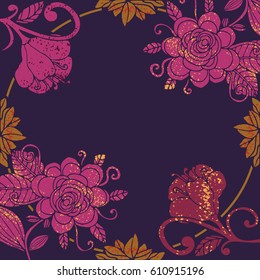 Colorful floral collection of pink, green, gold cute design elements. Paradise fantasy flowers with curls, leaves isolated on white. Tropical doodle floral divider, border, frame. Vector illustration.