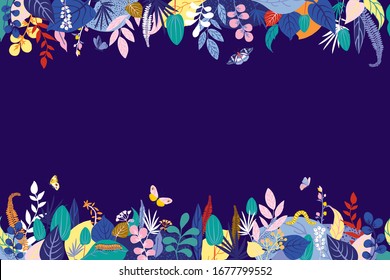 Colorful floral composition on dark blue background. Horizontal stripe seamless pattern in bright summer colors. Leaves, colorful flowers, caterpillar, butterflies. For banner. Vector illustration.