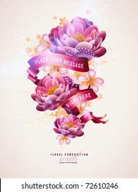 colorful floral composition with watercolor splats and banner for your text