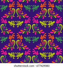 Colorful floral damask seamless pattern with curls, swirls. Curly background. Vector illustration.