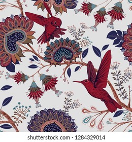 Colorful floral decorative pattern with red birds. Indonesian batik. Stylized flowers and paisley on the light backdrop. Indian pattern. Design for fabric, carpet, cover, textile, wrapping paper