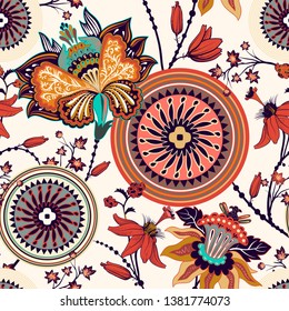 Colorful floral decorative pattern for textile, cover, wallpaper, fabric. Ethnic vector background with geometric elements. Indian decorative backdrop. Vector illustration, abstract batik indonesia