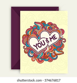 Colorful floral design decorated beautiful greeting card with text You & Me for Happy Valentine's Day celebration.