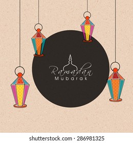 Colorful floral design decorated hanging lanterns on stylish background for holy month of Muslim community, Ramadan Kareem celebration.