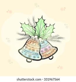 Colorful floral design decorated Jingle Bells with fir tree branches on Snowflakes decorated background for Merry Christmas celebration.