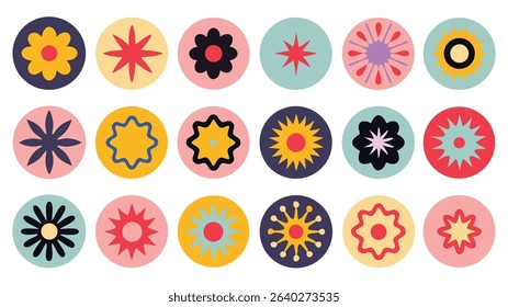Colorful floral design elements in circular shapes.