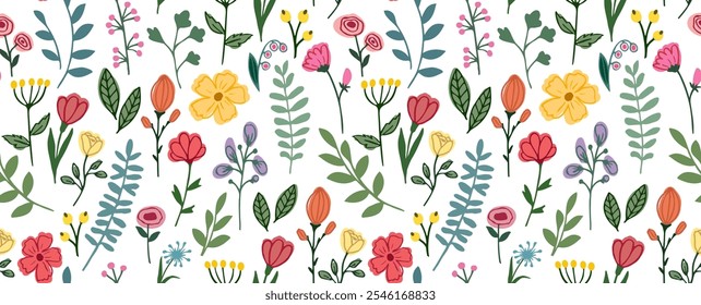 Coloridos Elementos de diseño florales de prado y jardín sobre fondo transparente. Doodle patrón dibujado a mano flores, follaje, ramas. Ilustración vectorial sobre fondo blanco.