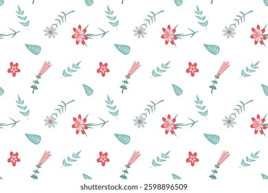 Colorful floral design features various red flowers, green leaves, and delicate pastel elements arranged on clean white isolated background, perfect for textile. Vector seamless pattern.