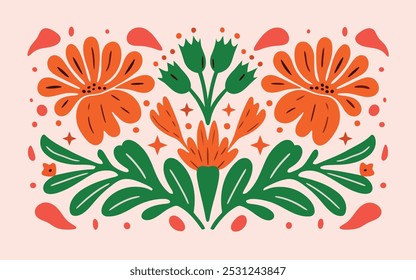 A colorful floral design with green and orange flowers. The flowers are arranged in a way that creates a sense of movement and energy. Scene is cheerful and uplifting