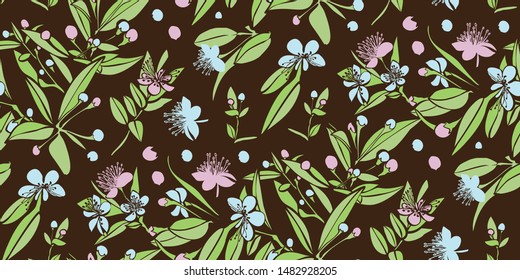 Colorful floral design seamless pattern.  Wild flowers and leaves background. Vector . Textile design, wallpaper, fabric print.
