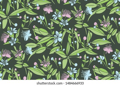 Colorful floral design seamless pattern.  Wild flowers and leaves background. Vector. Textile design, wallpaper, fabric print.