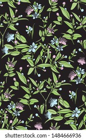 Colorful floral design seamless pattern.  Wild flowers and leaves background. Vector . Textile design, wallpaper, fabric print.